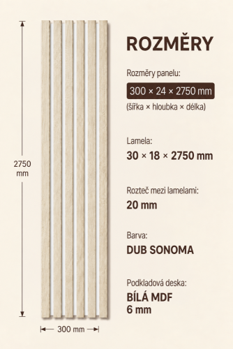 Dřevěné lamely ÚZKÉ na BÍLÉ desce (MDF), DUB SONOMA, FINISH FOLIE, 24 x 300 x 2750 mm (0,825 m2)