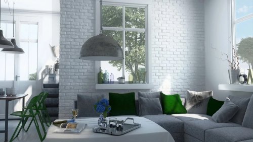 Realizace sádrového obkladu LOFT 1 mezi obývacím pokojem a jídelnou