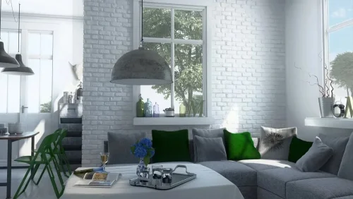 Realizace sádrového obkladu LOFT 1 mezi obývacím pokojem a jídelnou