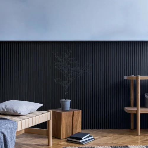 Akustický panel ACOUSTIC LINE - navy blue | černá, 2650 x 245 x 22 mm, lamely MDF + FINISH FOLIE, akustický podklad FILC