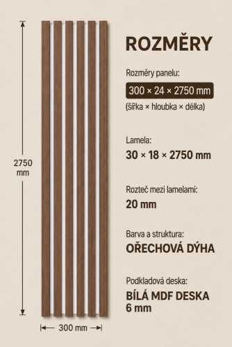 Drevené lamely ÚZKE na BIELEJ doske (MDF), ORECH DYHA, 24 x 300 x 2750 mm (0,825 m2) - Povrchová úprava dyhy: Olejovaná