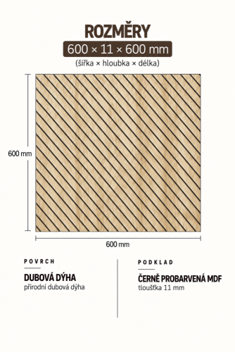 Lamelový panel BREKKA - DUBOVÁ DÝHA, ČERNÝ podklad MDF, 600 x 600 x 11 mm