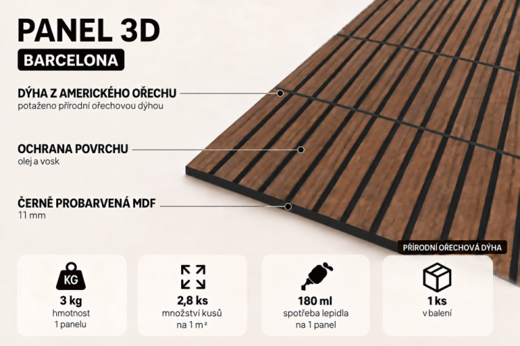 Lamelový panel BARCELONA - DÝHA Z AMERICKÉHO OŘECHU, 600 x 600 x 11 mm, ČERNÝ MDF PANEL