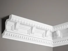 Stropná lišta – S ORNAMENTOM, tvrdý materiál ProFoam (Polyuretán), základný biely náter (pretierateľný), 98 x 100 x 2000 mm