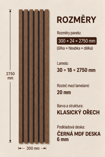 Drevené lamely ÚZKE na ČIERNEJ doske (MDF), ORECH, FINISH FÓLIA, 24 x 300 x 2750 mm (0,825 m2)
