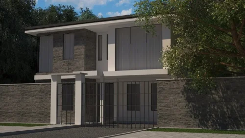Realizace betonového obkladu MADERA 2 – Imitace kamene na domě a plotě