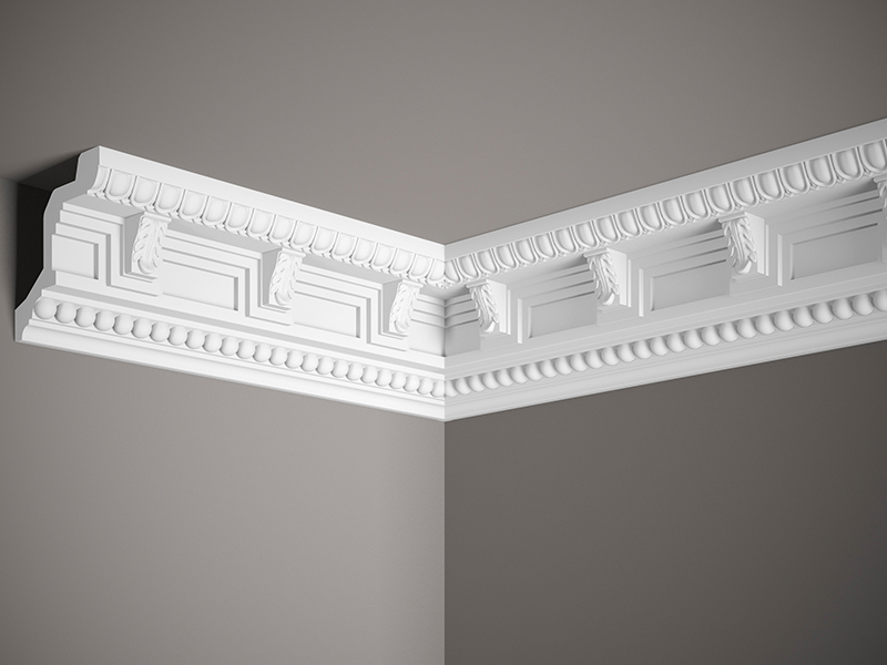 Stropní lišta – S ORNAMENTEM, tvrdý materiál ProFoam (Polyuretan), základní bílý nátěr (přetíratelný), 98 x 100 x 2000 mm