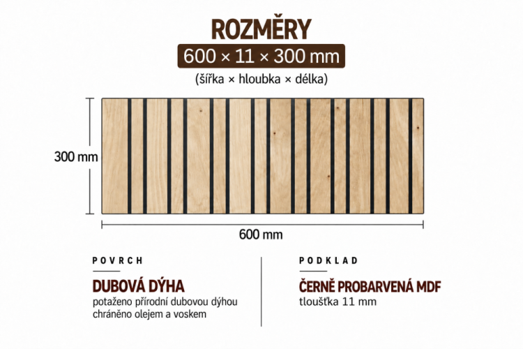 Lamelový panel HAARLEM - DUBOVÁ DÝHA, 600 x 300 x 11 mm, ČERNÝ MDF PANEL