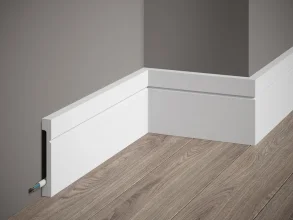 Podlahová lišta – HLADKÁ, tvrdý plast PolyForce (HD Polymer), základní bílý nátěr (přetíratelný), 108 x 16 x 2000 mm