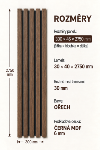 Dřevěné lamely ŠIROKÉ na ČERNÉ desce (MDF), OŘECH, 46 x 300 x 2750 mm (0,825 m2)