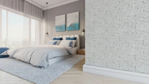 Realizace sádrového obkladu SYDNEY 1 – Textura světlého kamene v ložnici