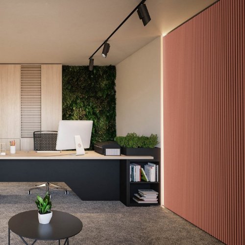 Akustický panel ACOUSTIC LINE - terracote | černá, 2650 x 245 x 22 mm, lamely MDF + FINISH FOLIE, akustický podklad FILC