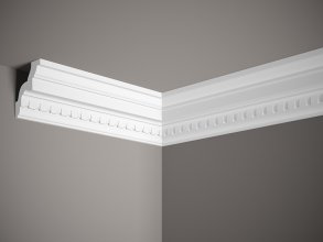 Stropná lišta – S ORNAMENTOM, tvrdý materiál ProFoam (Polyuretán), základný biely náter (pretierateľný), 86 x 82 x 2000 mm