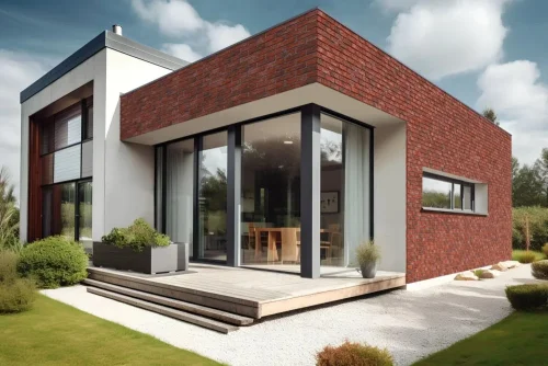 Realizace betonového obkladu CAMBRIDGE 4 – Červené cihly na rodinném domu