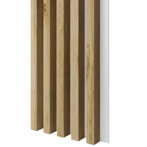 Dřevěné lamely ŠIROKÉ na BÍLÉ desce (MDF), DUB WOTAN, 46 x 300 x 2750 mm (0,825 m2)
