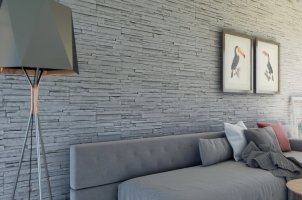 Realizace sádrového obkladu CRETA 3 v moderním obývacím pokoji