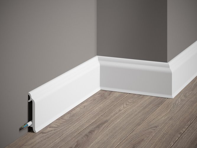 VZOREK - Podlahová lišta – HLADKÁ, tvrdý plast PolyForce (HD Polymer), základní bílý nátěr (přetíratelný), 82 x 26 x 100 mm