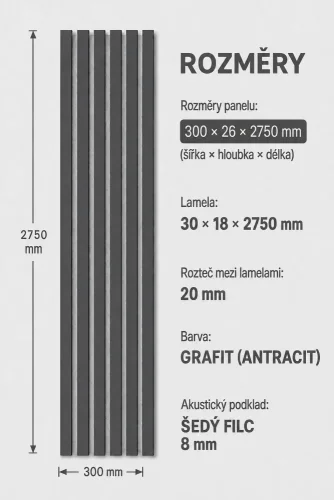 Akustický panel - GRAFIT (ANTRACIT), MDF + FOLIE FINISH, ŠEDÝ akustický podklad FILC, 300 x 2750 mm