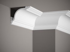 VZOREK - Stropní lišta – HLADKÁ, tvrdý plast PolyForce (HD Polymer), základní bílý nátěr (přetíratelný), 110 x 145 x 100 mm