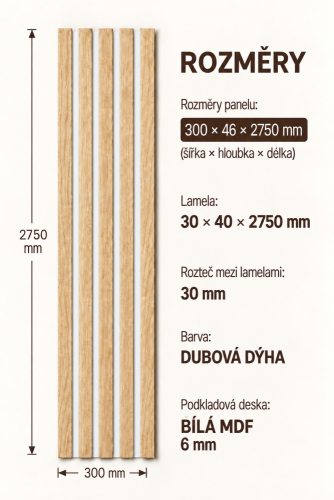 Dřevěné lamely ŠIROKÉ na BÍLÉ desce (MDF), DUBOVÁ DÝHA, 46 x 300 x 2750 mm (0,825 m2)