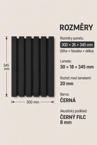 ATYPICKÝ PRODUKT - Akustický panel - ČIERNY, MDF + FOLIE FINISH, ČIERNY akustický podklad FILC, 300 x 345 mm