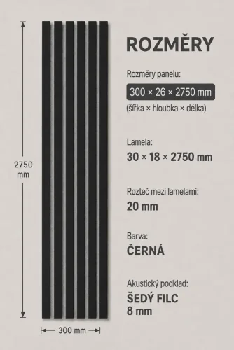 Akustický panel - ČIERNY, MDF + FOLIE FINISH, SIVÝ akustický podklad FILC, 300 x 2750 mm