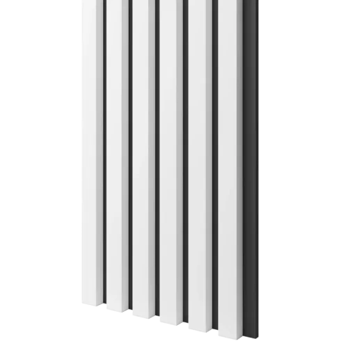 Dřevěné lamely ÚZKÉ na ČERNÉ desce (MDF), BÍLÁ MATNÁ, FINISH FOLIE, 24 x 300 x 2750 mm (0,825 m2)