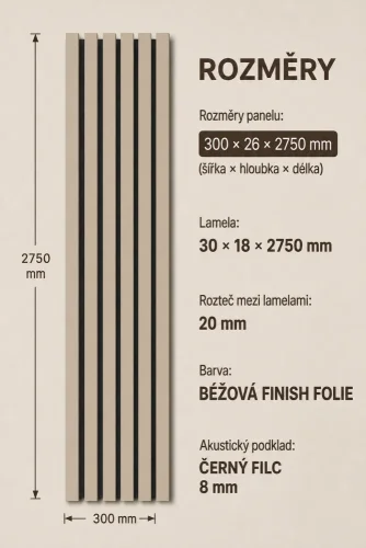Akustický panel - PÍSKOVĚ BÉŽOVÁ, MDF + FOLIE FINISH, ČERNÝ akustický podklad FILC, 300 x 2750 mm