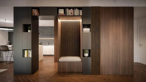 Realizace dřevěných lamel LINEA COMFORT 5 – Ořechová lamela v moderním bytě