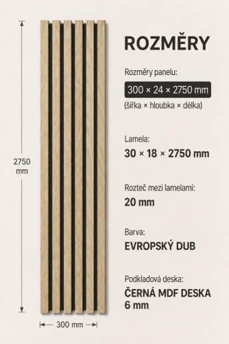 Dřevěné lamely ÚZKÉ na ČERNÉ desce (MDF), EVROPSKÝ DUB, CPL PREMIUM, 24 x 300 x 2750 mm (0,825 m2)