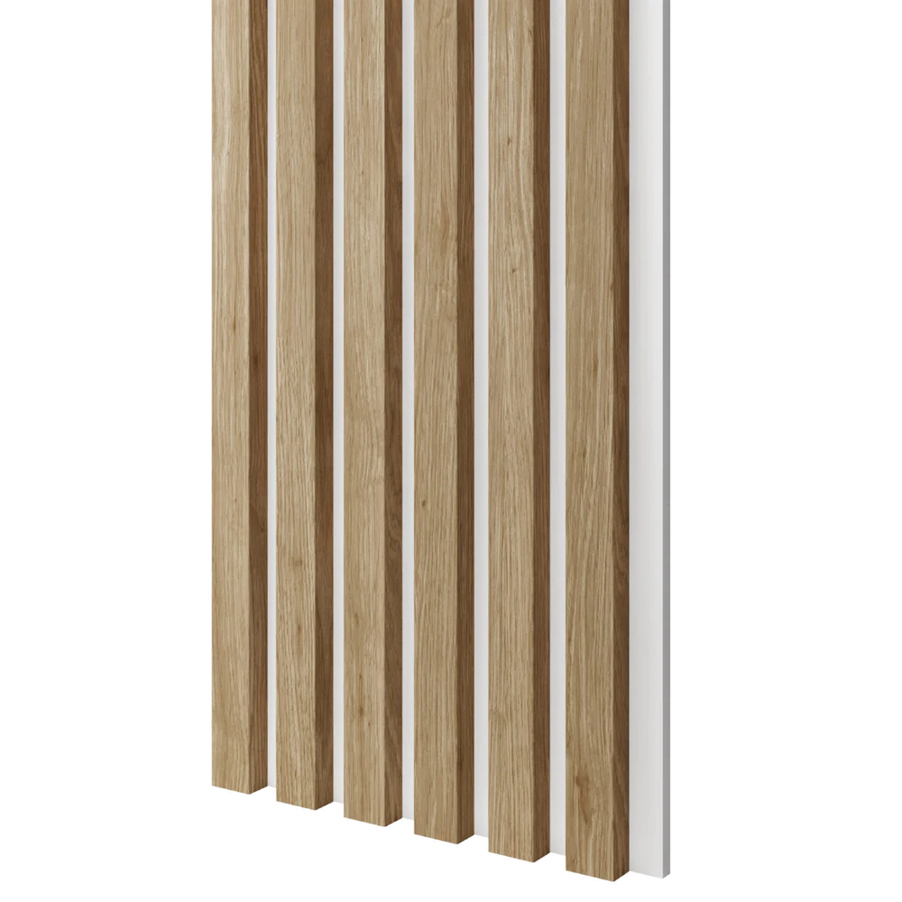 Dřevěné lamely ÚZKÉ na BÍLÉ desce (MDF), DUB PŘÍRODNÍ, FINISH FOLIE, 24 x 300 x 2750 mm (0,825 m2)
