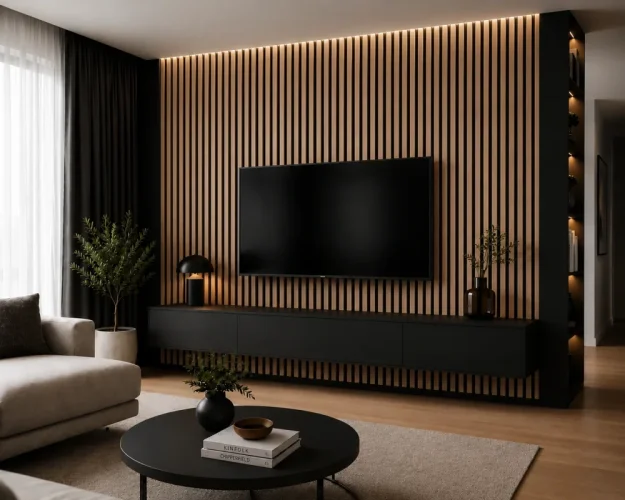 Dřevěné lamely ŠIROKÉ na ČERNÉ desce (MDF), DUB SONOMA, 46 x 300 x 2750 mm (0,825 m2)