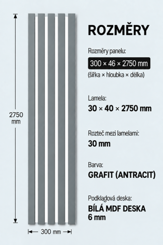 Drevené lamely ŠIROKÉ na BIELEJ doske (MDF), GRAFIT (ANTRACIT), 46 x 300 x 2750 mm (0,825 m2)