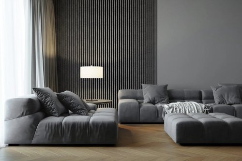 Realizace dřevěných lamel LINEA COMFORT 5 – Šedá dekorace v obývacím pokoji