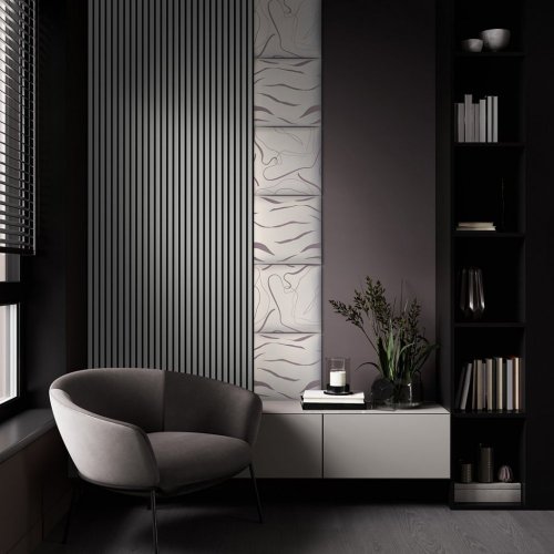 Akustický panel ACOUSTIC LINE - glacier grey | černá, 2650 x 245 x 22 mm, lamely MDF + FINISH FOLIE, akustický podklad FILC