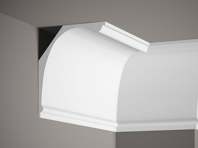 Stropná lišta – HLADKÁ, tvrdý plast ProFoam® (polyuretán), základný biely náter (pretierateľný), 180 x 140 x 2000 mm