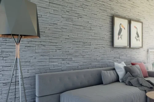 Realizace sádrového obkladu CRETA 3 v moderním obývacím pokoji