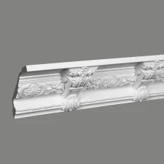 Stropná lišta – S ORNAMENTOM, tvrdý materiál ProFoam (Polyuretán), základný biely náter (pretierateľný), 130 x 160 x 2000 mm