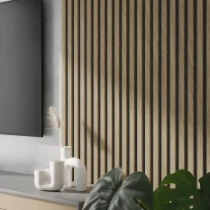 VZOREK - Akustický panel - DUB EVROPSKÝ, MDF + CPL PREMIUM, ČERNÝ akustický podklad FILC - ROZMĚR VZORKU: 200 x 100 mm VZOREK - Akustický panel - DUB EVROPSKÝ, MDF + CPL PREMIUM, ČERNÝ akustický podklad FILC - ROZMĚR VZORKU: 200 x 100 mm