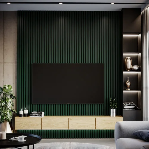 Dřevěné lamely ŠIROKÉ na ČERNÉ desce (MDF), LAHVOVĚ ZELENÁ, 46 x 300 x 2750 mm (0,825 m2)