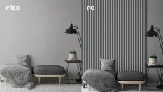 Dřevěné lamely ŠIROKÉ na BÍLÉ desce (MDF), GRAFIT (ANTRACIT), 46 x 300 x 2750 mm (0,825 m2)