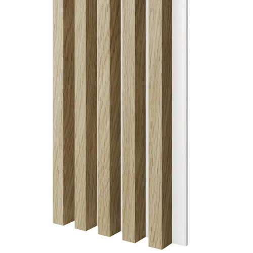 Dřevěné lamely ŠIROKÉ na BÍLÉ desce (MDF), EVROPSKÝ DUB CPL, 46 x 300 x 2750 mm (0,825 m2)