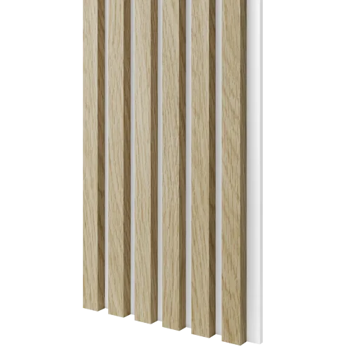 Dřevěné lamely ÚZKÉ na BÍLÉ desce (MDF), EVROPSKÝ DUB, CPL PREMIUM, 24 x 300 x 2750 mm (0,825 m2)