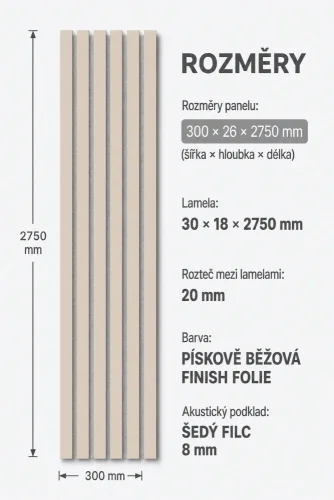 Akustický panel - PIESKOVO BÉŽOVÁ, MDF + FOLIE FINISH, SIVÝ akustický podklad FILC, 300 x 2750 mm
