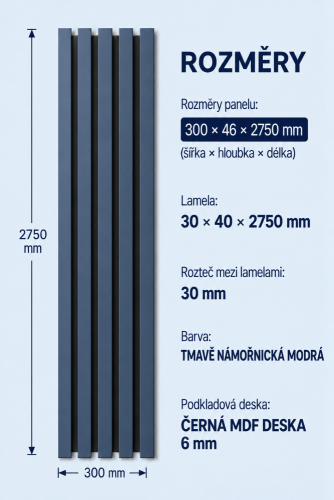 Dřevěné lamely ŠIROKÉ na ČERNÉ desce (MDF), TMAVĚ NÁMOŘNICKÁ MODRÁ, 46 x 300 x 2750 mm (0,825 m2)