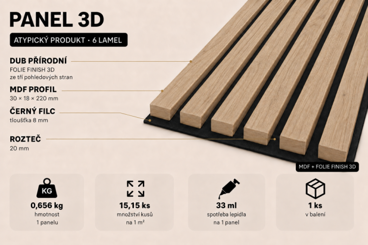 ATYPICKÝ PRODUKT - Akustický panel - DUB PRÍRODNÝ, MDF + FÓLIA FINISH 3D, ČIERNY akustický podklad FILC, 300 x 220 mm