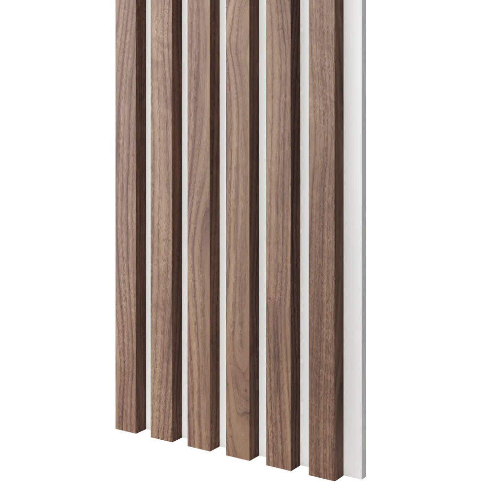 Dřevěné lamely ÚZKÉ na BÍLÉ desce (MDF), OŘECH DÝHA, 24 x 300 x 2750 mm (0,825 m2)