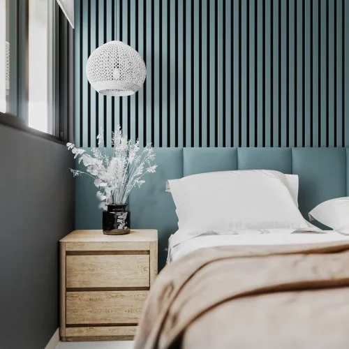 Akustický panel ACOUSTIC LINE - smoke blue | čierny, 2650 x 245 x 22 mm, lamely MDF + FINISH FOLIE, akustický podklad FILC