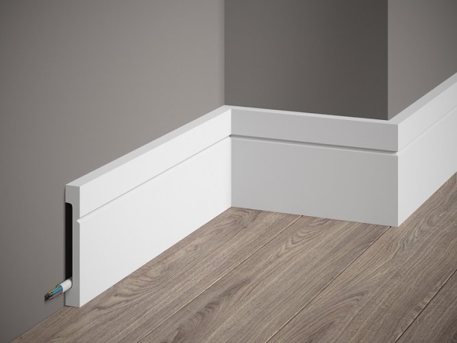 Podlahová lišta – PREMIUM, tvrdý plast PolyForce (HD Polymer), kvalitní bílý lak (finální povrch), 108 x 16 x 2000 mm