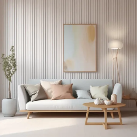 Obkladové panely bílé lamely při umělém světle v obývacím pokoji